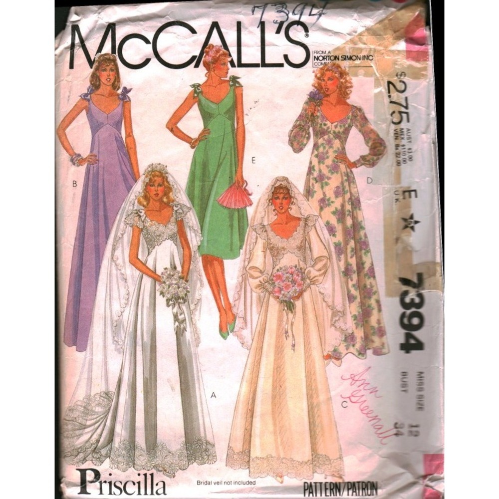 McCall's 7394 Priscilla of Boston Wedding Dress Bridesmaid Pattern Size 12 CUT